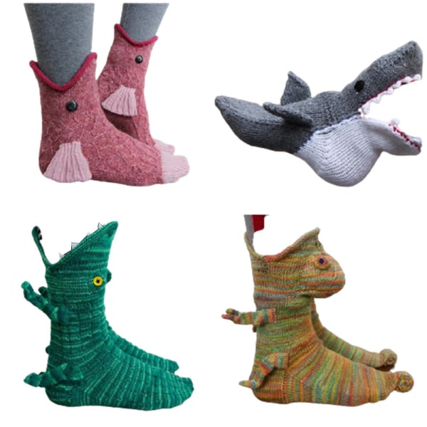Neutrala Stickade Krokodilsockor Kreativ Djurform Varma Inomhus Vinter Dam Grey shark