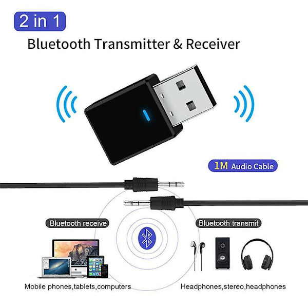 5.0 USB 2 i 1 Bluetooth Audio Receiver Transmitter Trådløs Adapter Kompatibel med TV Bil