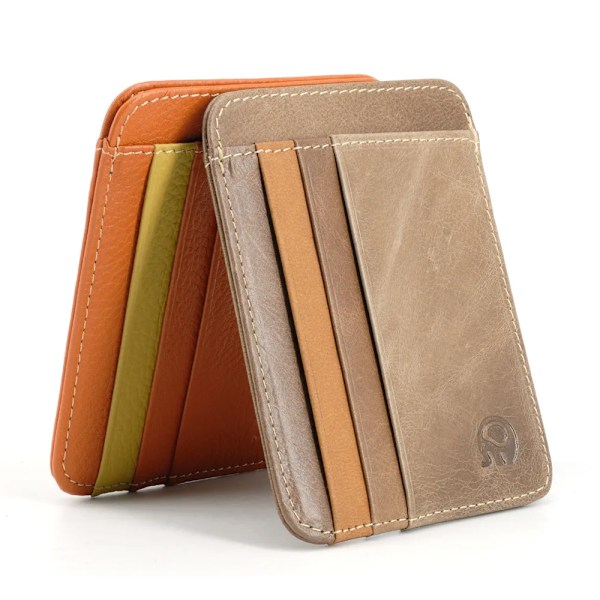 100% Äkta Ko Läder Dam Herr ID-Korthållare 6 Fack Mode Retro Kort Unisex Plånbok Affärs Bank Kreditkortsfodral Orange