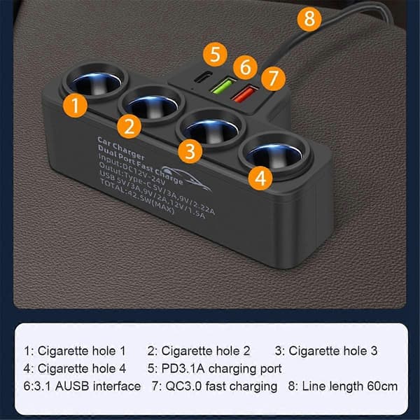 4-vägs cigarettändaruttag 12V-24V strömadapter 120W QC3.0+PD3.1A biladapter
