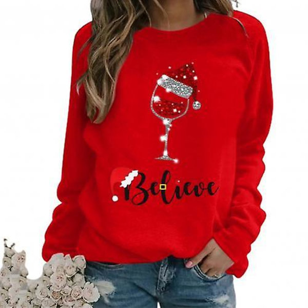 [LCS]Mode Kvinder Juleprint O-hals Langærmet Pullover Top Løs Sweatshirt S