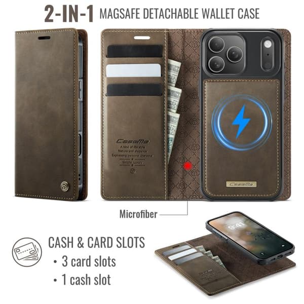 [LCS]iPhone 17 Pro -nahkakotelo MagSafella ja RFID-estolla, irrotettava lompakko Kaffe