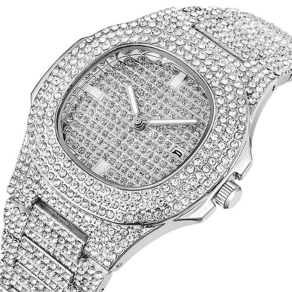 Iced Out Hip Hop Bling Diamond Watch Quartz Watches Silver