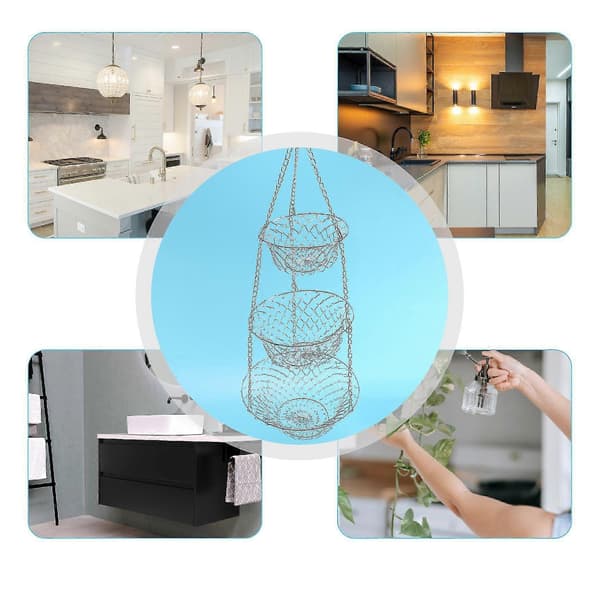 [LCS] 3-layer fruit basket, vegetable kitchen storage basket chain hanging space-saving fruits, plants storage basket (silver)