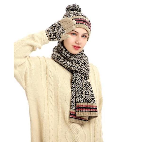 3 st Vinterstickad Mössa Halsduk och Handskar Set för Män Kvinnor off-white