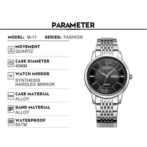 DOM M-11D Vattentät Herrarmbandsur i rostfritt stål Business Style Quartz Watch