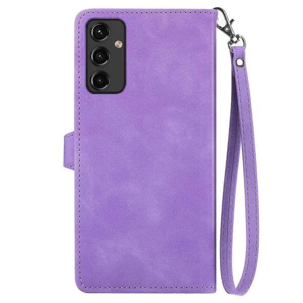 Til Samsung Galaxy A14 5G preget blomst glidelås skinn telefonveske