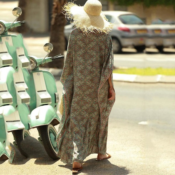 Blommigt Mönster Dam Kaftan Strandkläder V-ringad Solskydd Bikiniöverdrag
