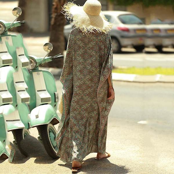 Blomstermønstret Kaftan Strandbekledning for Kvinner V-hals Solbeskyttelse Bikini Cover Up