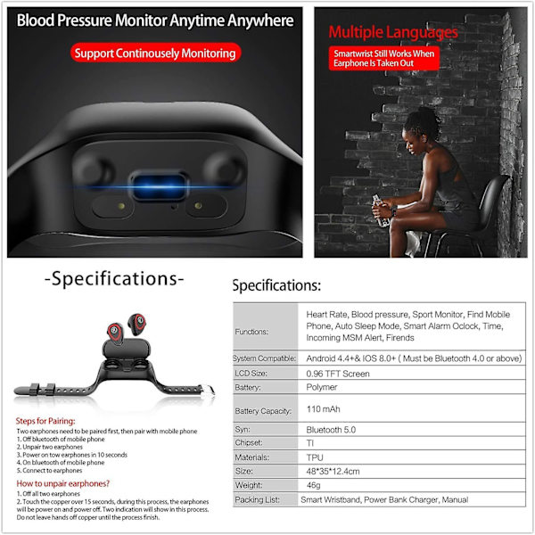 M1 2 i 1 Smart Armband Trådlöst Bluetooth Headset Combo Löpning
