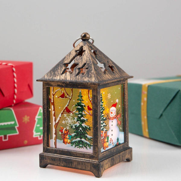 Retro liten julelampe, dekorasjon med snømann og gammel mann, liten