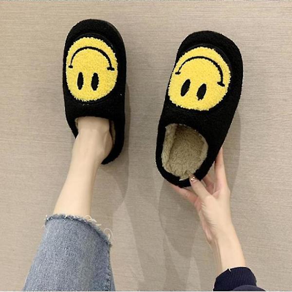 Smiley Face Myke Plysj Komfortable Varme Slippers Black 43-44