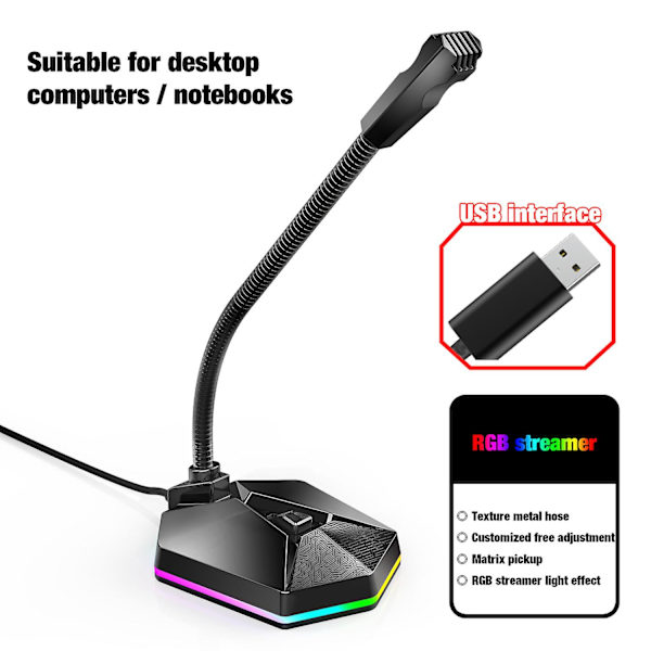 Computer Mikrofon med RGB Lys til Live Streaming, Voice Chat, Spil