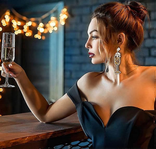 Champagneflaske øreringe, håndlavede krystal champagne vinglas øreringe rhinestone perle dråbe dinglende øreringe charmerende søde statement party E
