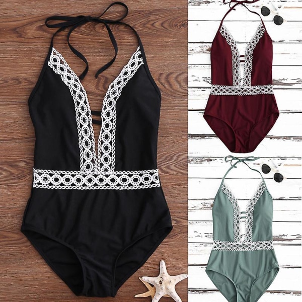 Sexiga kvinnor Halter One Piece Baddräkt Badkläder Monokini Spets Spets Baddräkt Sommar Strandkläder Wine Red S