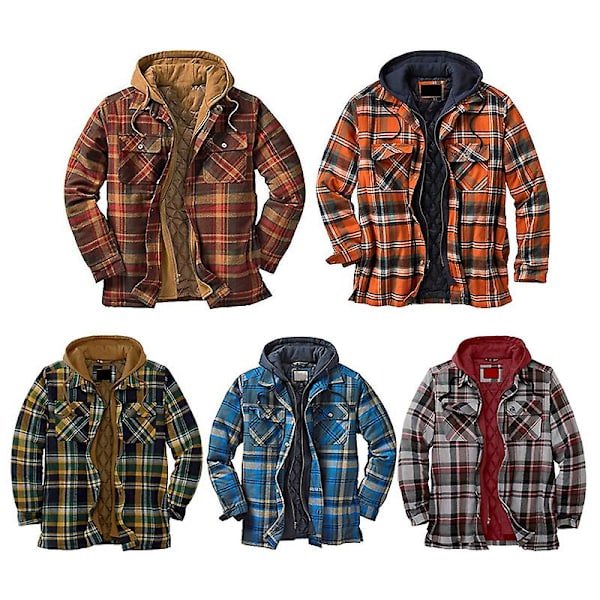 Quiltet Tykk Rutete Langermet Løs Jakke Herre Hettegenser Quiltet Foret Flanell Hette Full Glidelås Red Red