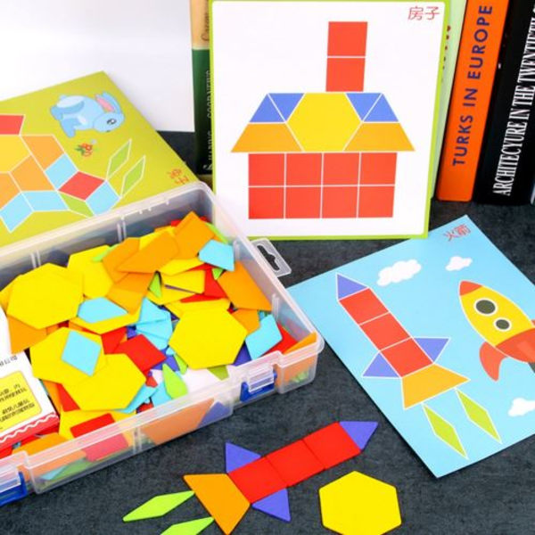 170 st Trä Geometrisk Form Barn Tangram Byggklossar Pussel