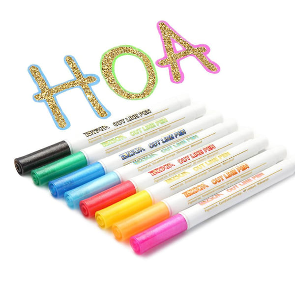 Double Line Outline Pennor 8 Färger Golden Refill Markers Glitter