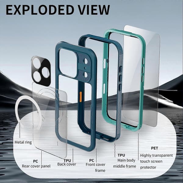 IP68 Vandtæt Etui til 17 Pro Max, MagSafe-kompatibelt Klart Cover i Blå