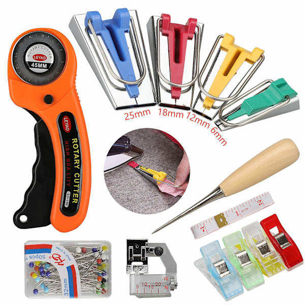 Stof Skråbånd Tape Maker Kit Binderfod Syning & Quilting + Roterende Kniv