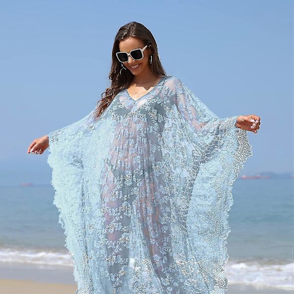 [LCS] Strandovertrekk Boho blondekimono Plus Size Bikini Robe Badedrakt for kvinner Solid-MXBC Mint Blue