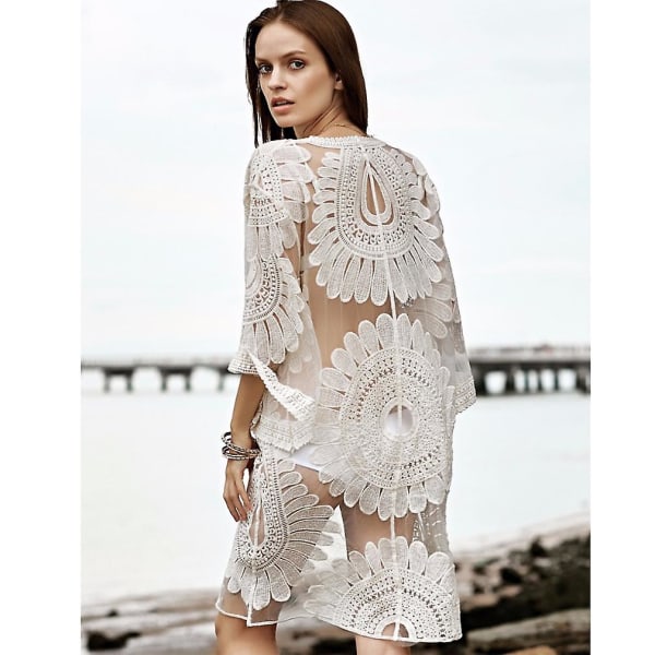 Utsvängd Dam Kaftan Strandkläder Spetsbroderi Långärmad B