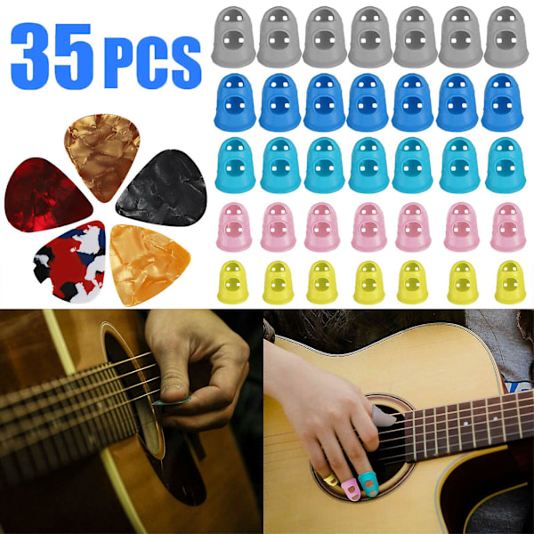 35 st Silikon Gitarr Fingerskydd Fingertoppsskydd + 5 Gitarrplektrum