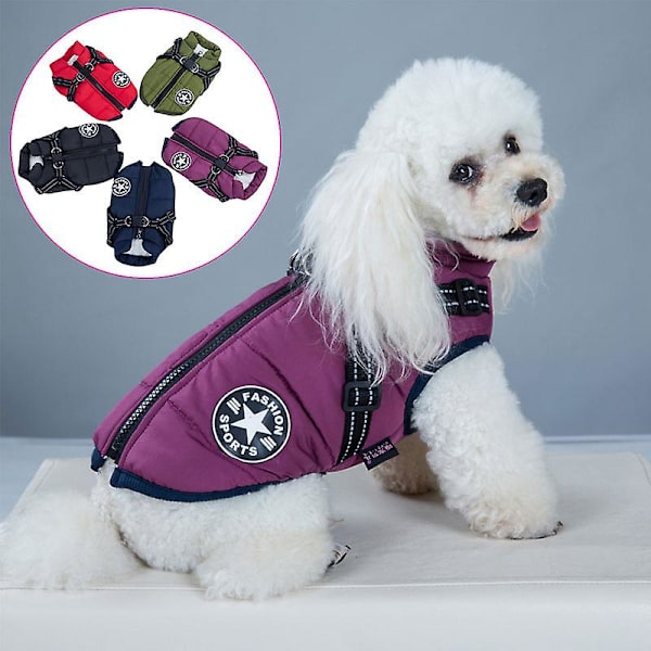 Varm Vattentät Jacka Med Sele För Hund Vinter Bekväm Bomullskläder Vadderad Väst För Små Hundar Purple 2XL