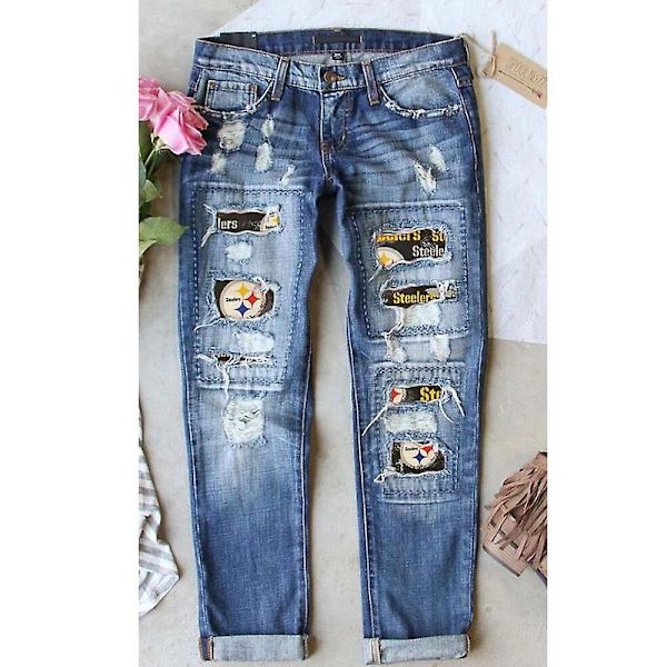 Buffalo-rutiga jeans för dam, med revor och lappar, normal passform, långa vardagsjeans i denim med hål Yellow M