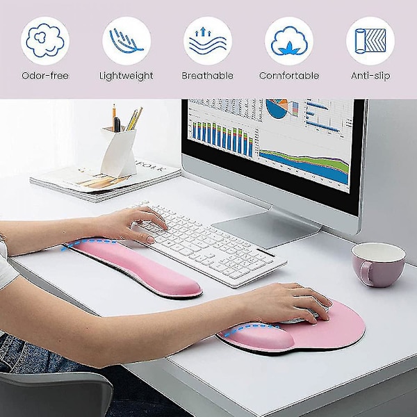 Tangentbords handledsstöd i memory foam med musmatta och handledsstöd för mus Pink