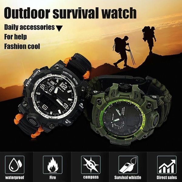 Vattentät överlevnadsklocka för utomhusbruk med kompass, visselpipa och multifunktionellt armband för nödsituationer Army-green