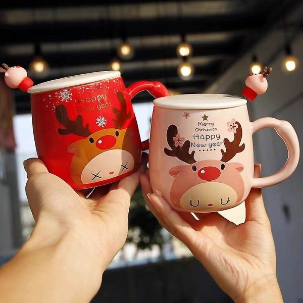 Jul Ren Röd Mugg Instagram Rosa Flicka Hjärta Keramisk Mugg Tecknad Par Vattenglas Kaffeflaska Sked Med Lock pink