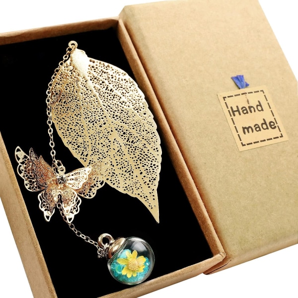 Bokmärke i metall med löv, med 3D-fjärilsberlock, en inspirerande gåva Golden leaves blue yellow flowers