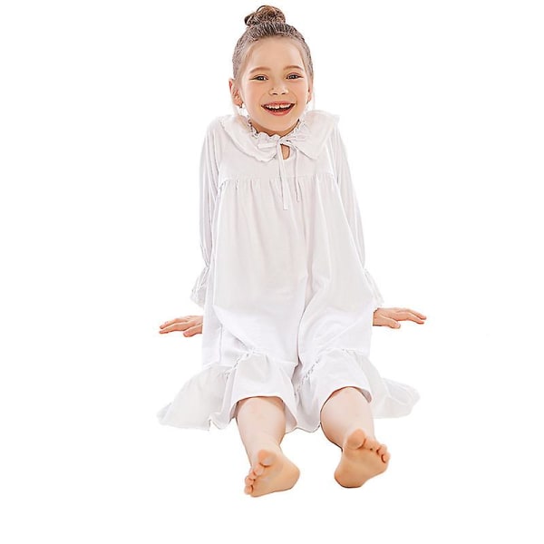 Flickans nattlinne långärmad prinsesspyjamas klänning white 120cm