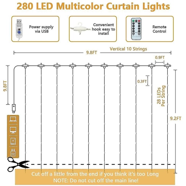 Vandtæt USB gardin lyskæde med fjernbetjening 8 tilstande LED twinkle lys julefest bryllup Halloween dekoration Multicolor