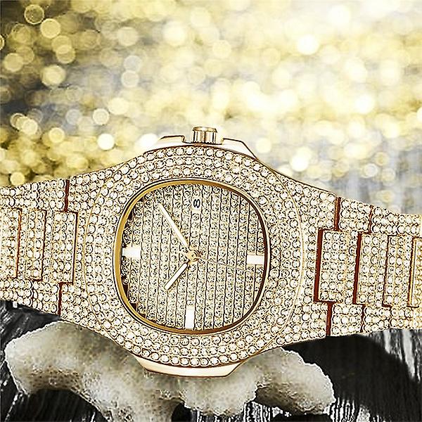 Unisex lyxiga armband i rostfritt stål med full diamant affärsklockor Gold