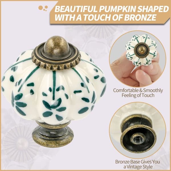 [LCS]12-pack Ivory and Green Ceramic Knobs - Retro Pumpkin Shaped Drawer Pulls for Cabinets and Dressers - FX-