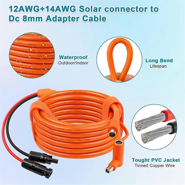 Solcellepanel til DC 8mm adapterkabel 2m, solcellekontakt til DC7909/8020 hannplugg forlengelseskabel, fortinnet kobbertråd Orange