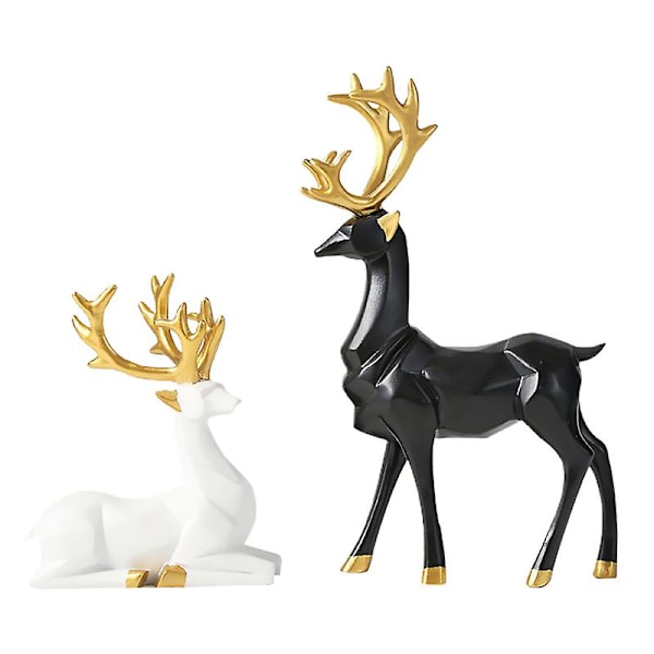 2 stk. Sort og hvid hjortestatue med siddende og stående stilling, resin dyreornament til stue TV