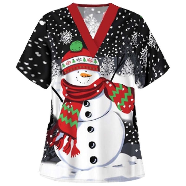 Kvinnor jul snögubbe kortärmad t-shirt sjukhus uniform omvårdnad Scrub toppar Black 3XL