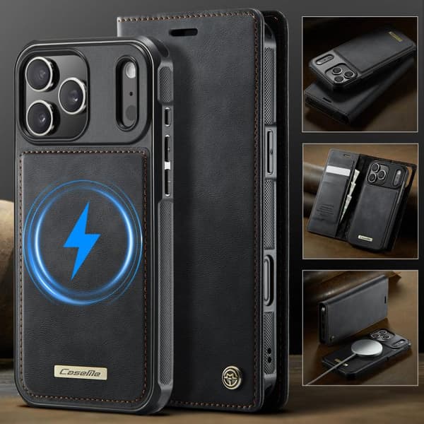 [LCS]iPhone 17 Pro Case leather case with MagSafe and RFID blocking, detachable wallet Svart