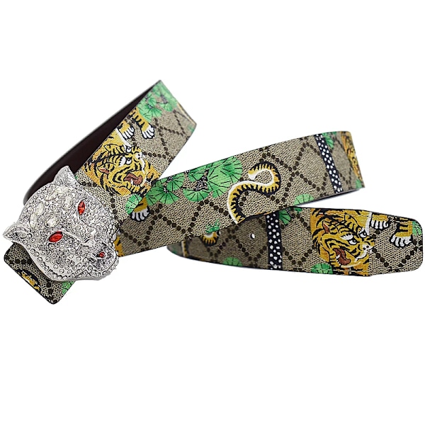 Western Rhinestone Leopard Guld Silver Metallspänne Tiger Tryck Ko Läder Herr Bälte Jeans Vardagsbyxor Rem BF redbee 105cm BF redbee