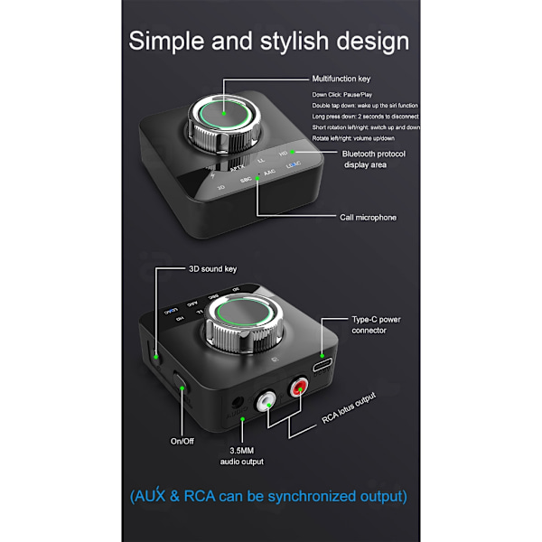 LDAC Bluetooth-yhteensopiva 5.0 -audiovastaanotin mikrofonilla RCA3.5mmAux 3D-stereo musiikki aptX langaton adapteri TV:lle, autokaiuttimelle AU 0.19