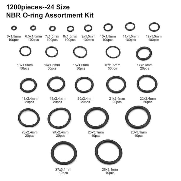 O-ring-sett, 1200 stk. 24 størrelser O-ring-sett sortiment gummipakning O-ringer