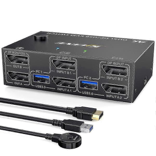 Kvm Switch Dobbelt Skærm Displayport, 4 Usb3.0 Til 2 Computere, 2 Ind 2 Ud Dp 1.4 Kvm Switch Black