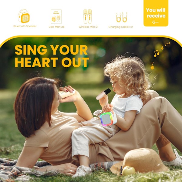 Karaokemaskin for barn og voksne, bærbar Bluetooth mini karaokemikrofon sanghøyttaler med 2 mikrofoner og lys, leker White