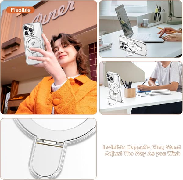 [LCS] iPhone 15 Pro Case with Invisible Magnetic Ring Stand [MagSafe Compatible] [Full Camera Lens Protection] Plated Clear for iPh Silver