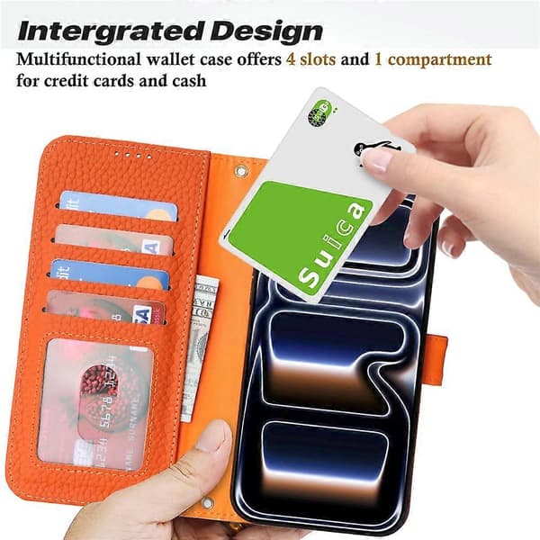 Kompatibelt för iPhone 17 Pro Ställfodral Litchi Textur Äkta Läder Plånbok Telefonfodral RFID Orange