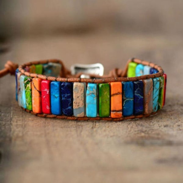 7 Chakra Armbånd Håndlavet Farverigt Armbånd Chakra Perler Sten Læder Wrap Armring Smykker Gaver 26 Colored Stone Square Button