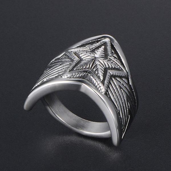 Retro Titanium Stål Femtagget Stjerne Brede Ringer Ring Retro Mal Silver 11